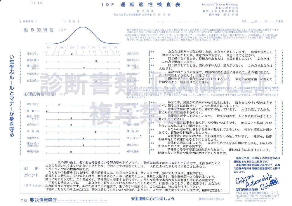 関目自動車学校 運転適正検査結果 運転診断結果表のご案内